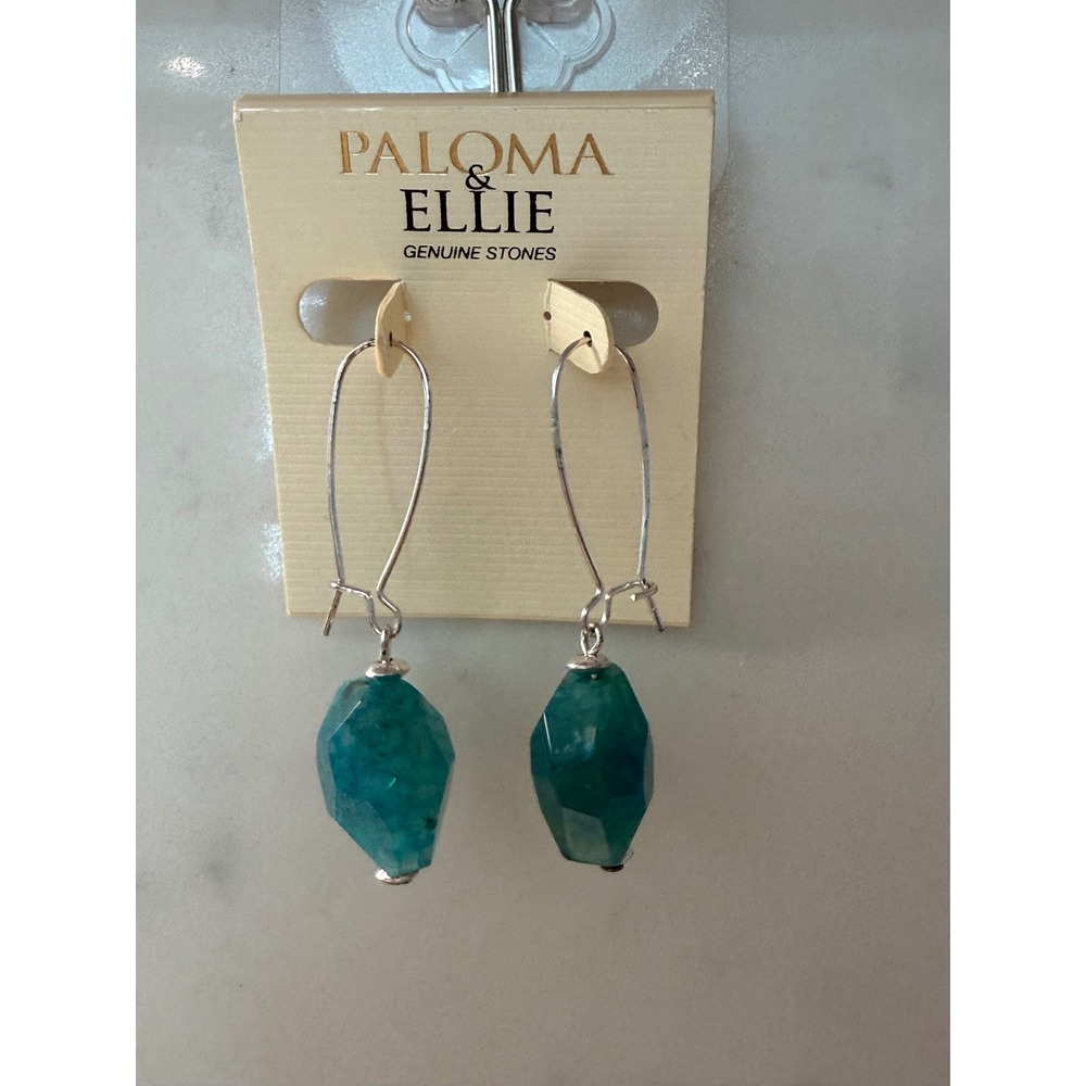 Paloma & Ellie Blue Agate Genuine Stone Faceted Drop Wire Earrings Teal Silver